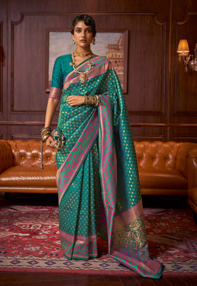 Art Silk Woven Saree in Indigo Teal Green