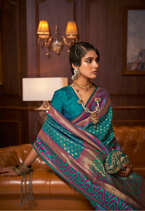 Art Silk Woven Saree in Indigo Teal Green