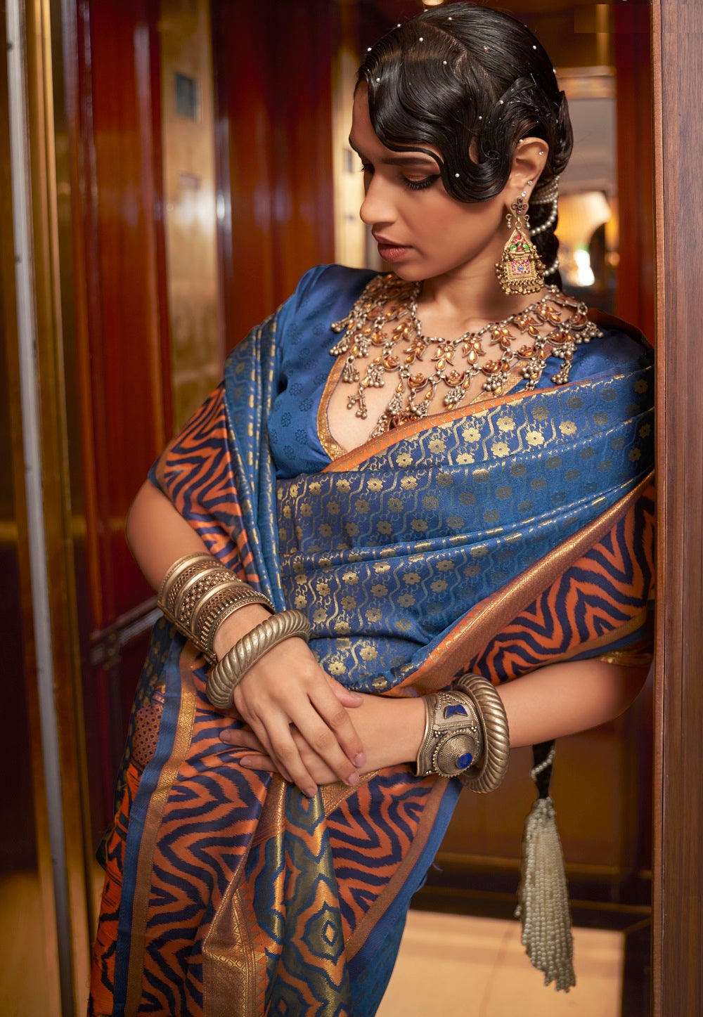 Art Silk Woven Saree in Teal Blue