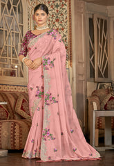 Embroidered Organza Silk Saree in Pink