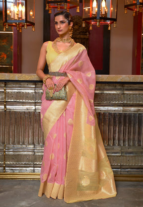 Woven Embroidered Linen Saree in Pink