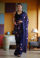 Organza Embroidered Saree in Royal Blue