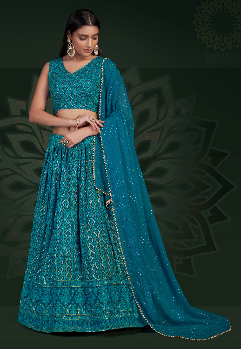 Georgette Embroidered Lehenga in Teal Blue