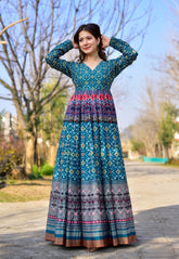 Digital Printed Cotton Gown in Blue