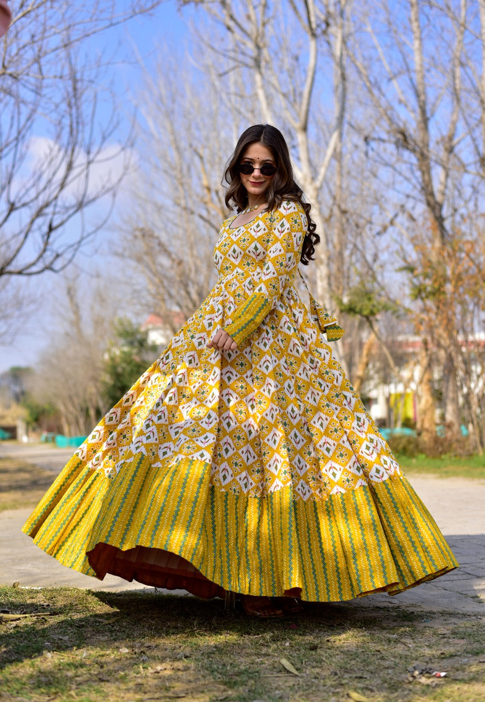 Digital Printed Muslin Cotton Gown in Yellow