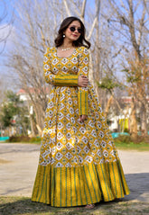 Digital Printed Muslin Cotton Gown in Yellow