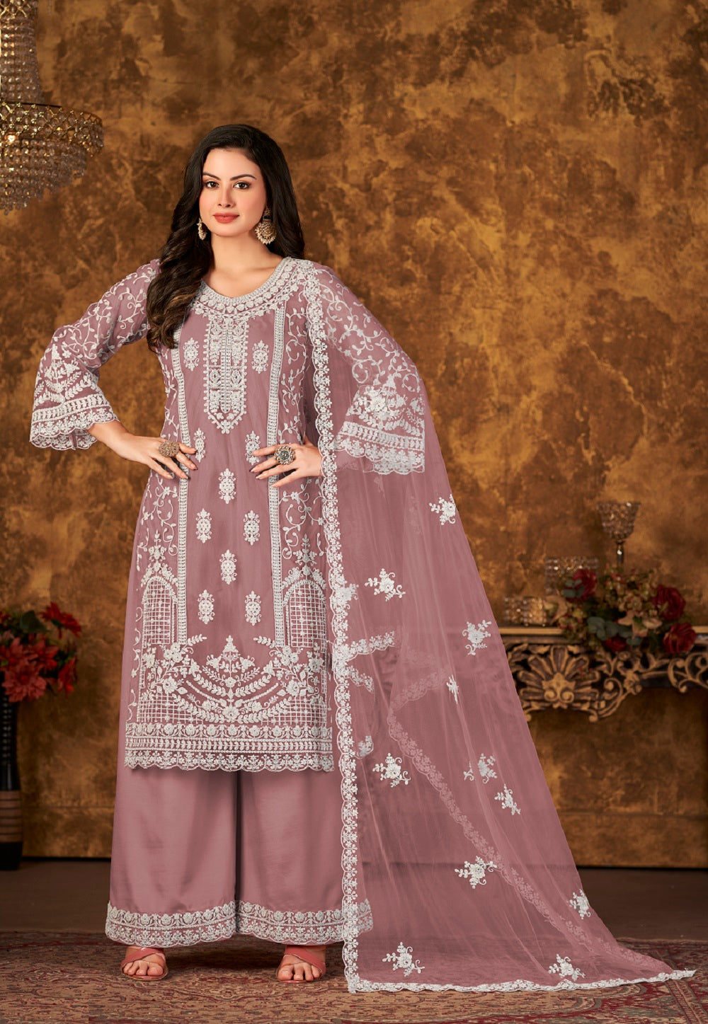 Net Embroidered Pakistani Suit in Old Rose
