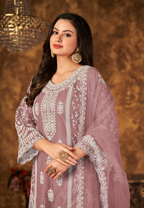 Net Embroidered Pakistani Suit in Old Rose