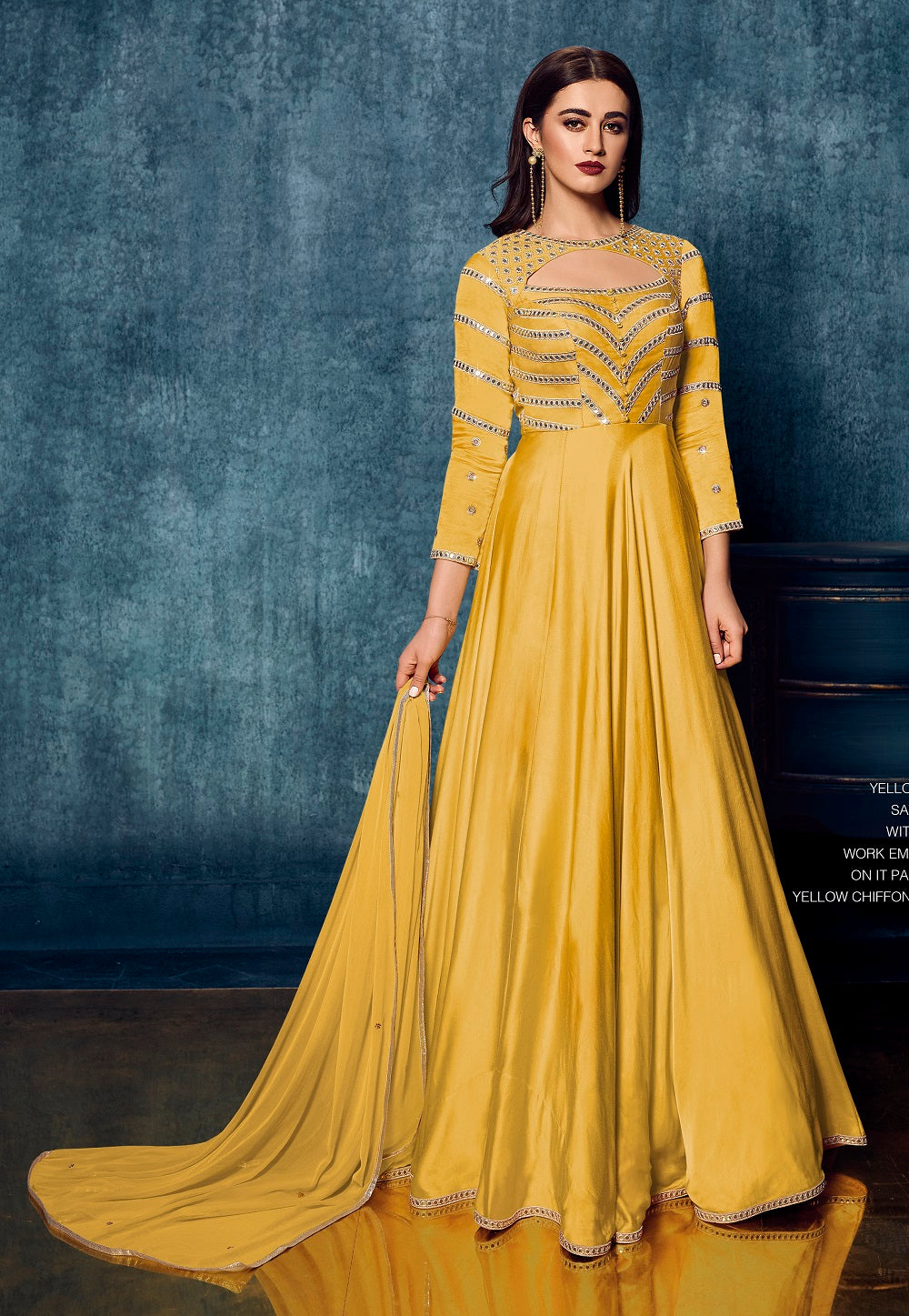 Embroidered Satin Abaya Style Suit in Yellow