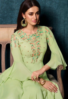 Embroidered Satin Abaya Style Suit in Light Green