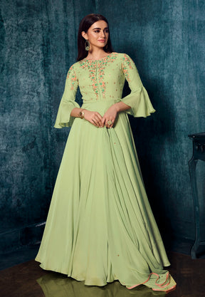 Embroidered Satin Abaya Style Suit in Light Green
