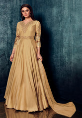 Embroidered Satin Abaya Style Suit in Beige
