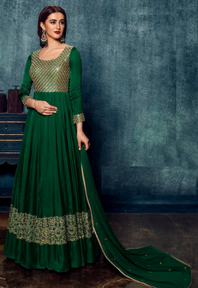 Embroidered Satin Abaya Style Suit in Green