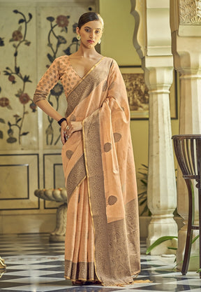 Woven Embroidered Linen Saree in Peach