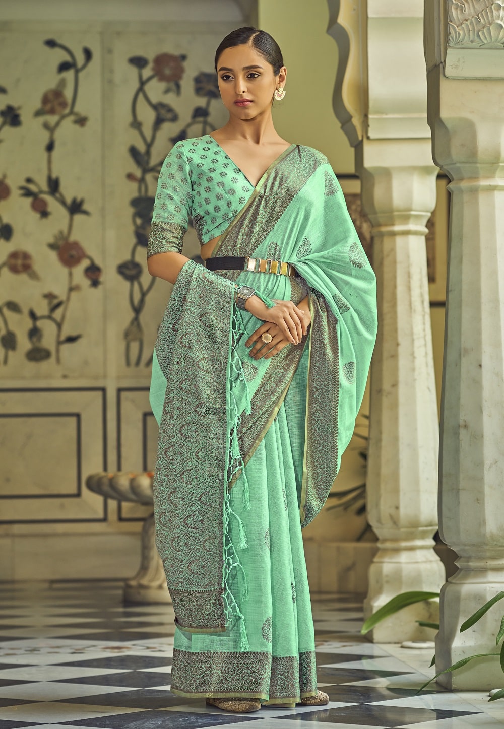 Woven Embroidered Linen Saree in Sea Green