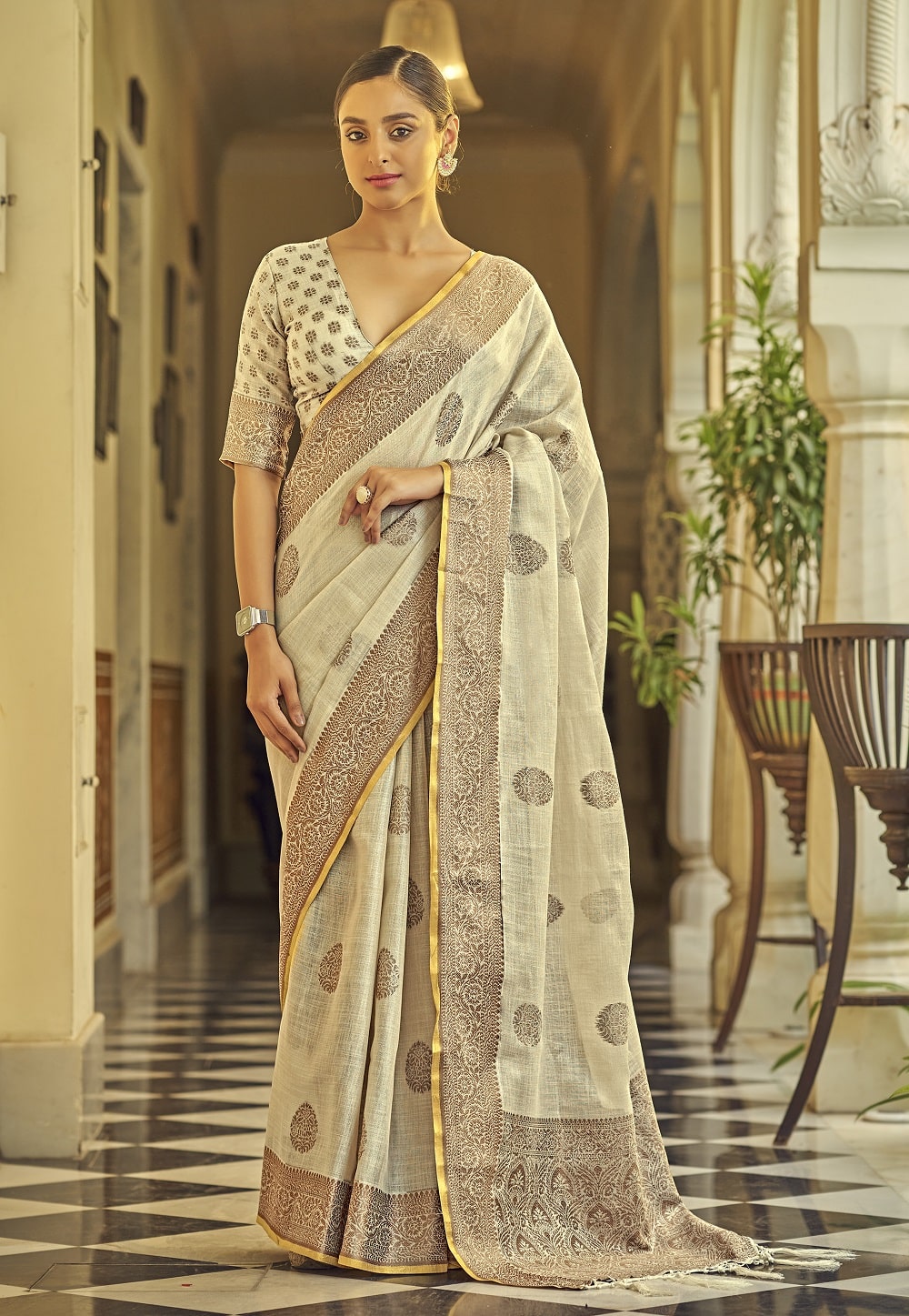 Woven Embroidered Linen Saree in Beige