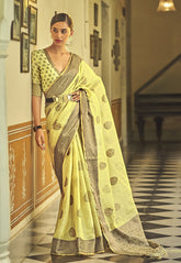 Woven Embroidered Linen Saree in Light Yellow