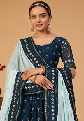 Embroidered Georgette Lehenga in Teal Blue