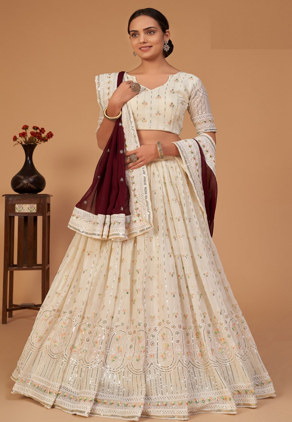 Embroidered Georgette Lehenga in Off White