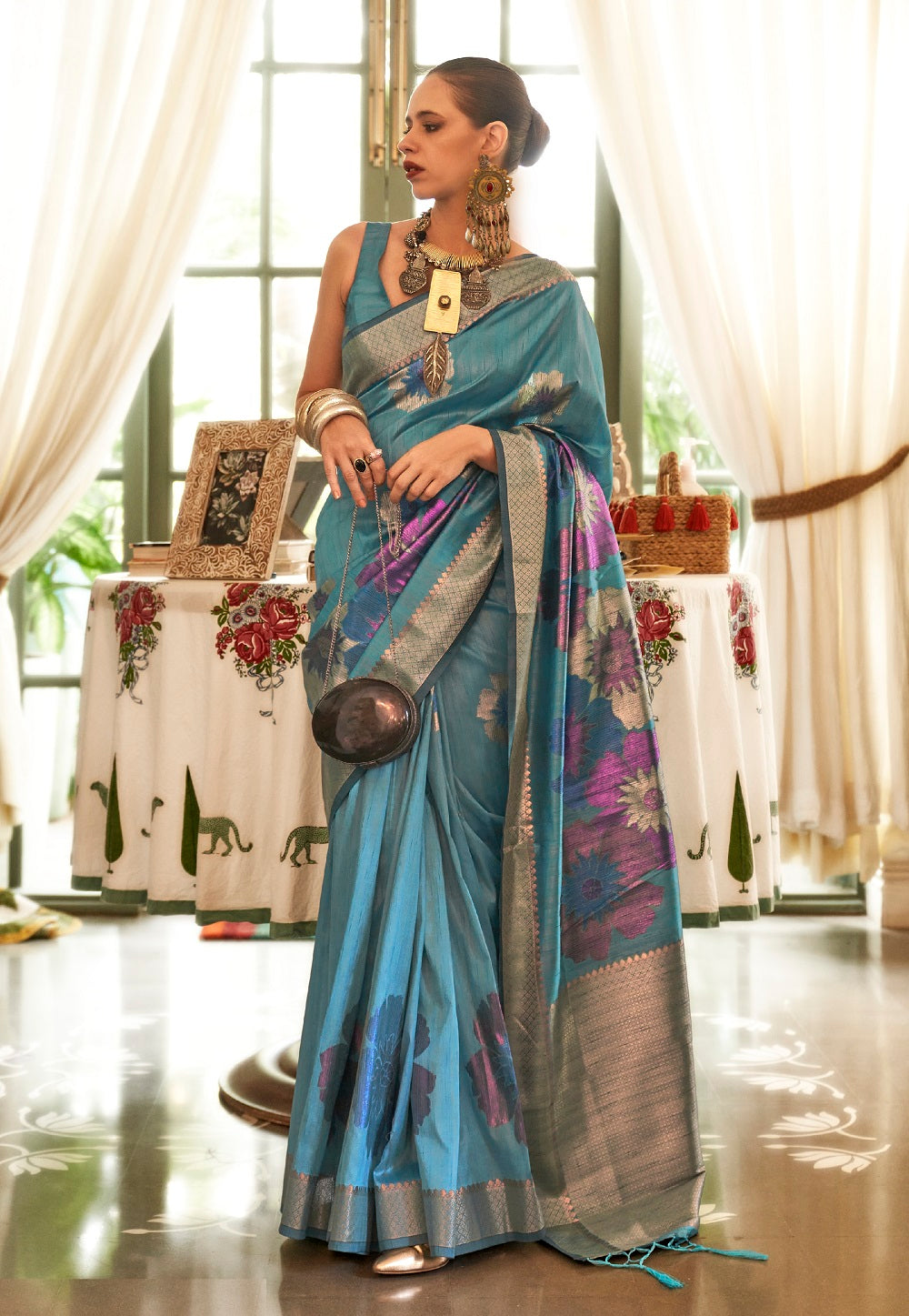 Art Silk Woven Saree in Blue