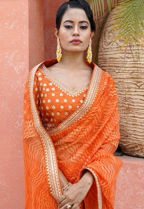 Printed Organza Saree in Orange