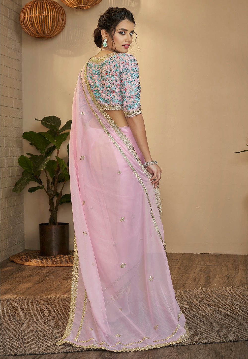 Organza Embroidered Saree in Pink