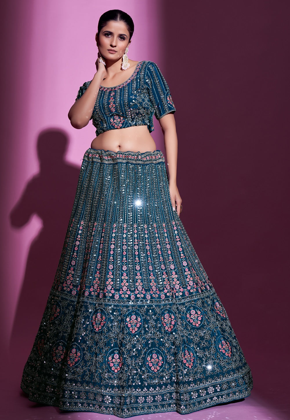 Crepe Embroidered Lehenga in Teal Blue