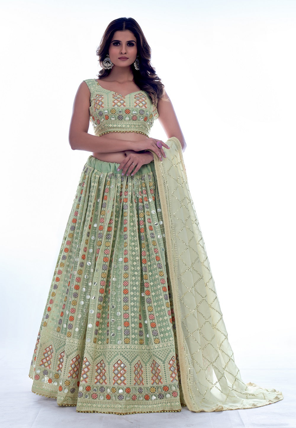 Georgette Embroidered Lehenga in Pastel Green