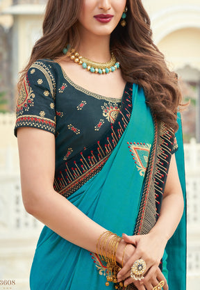 Art Silk Embroidered Saree in Turquoise