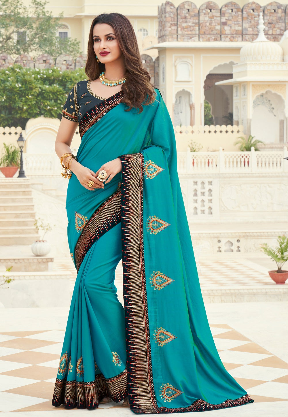 Art Silk Embroidered Saree in Turquoise