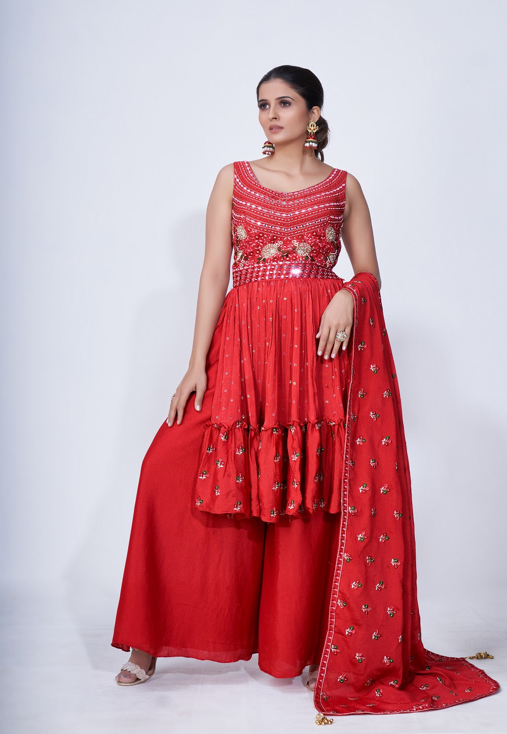 Chinon Chiffon Embroidered Pakistani Suit in Red