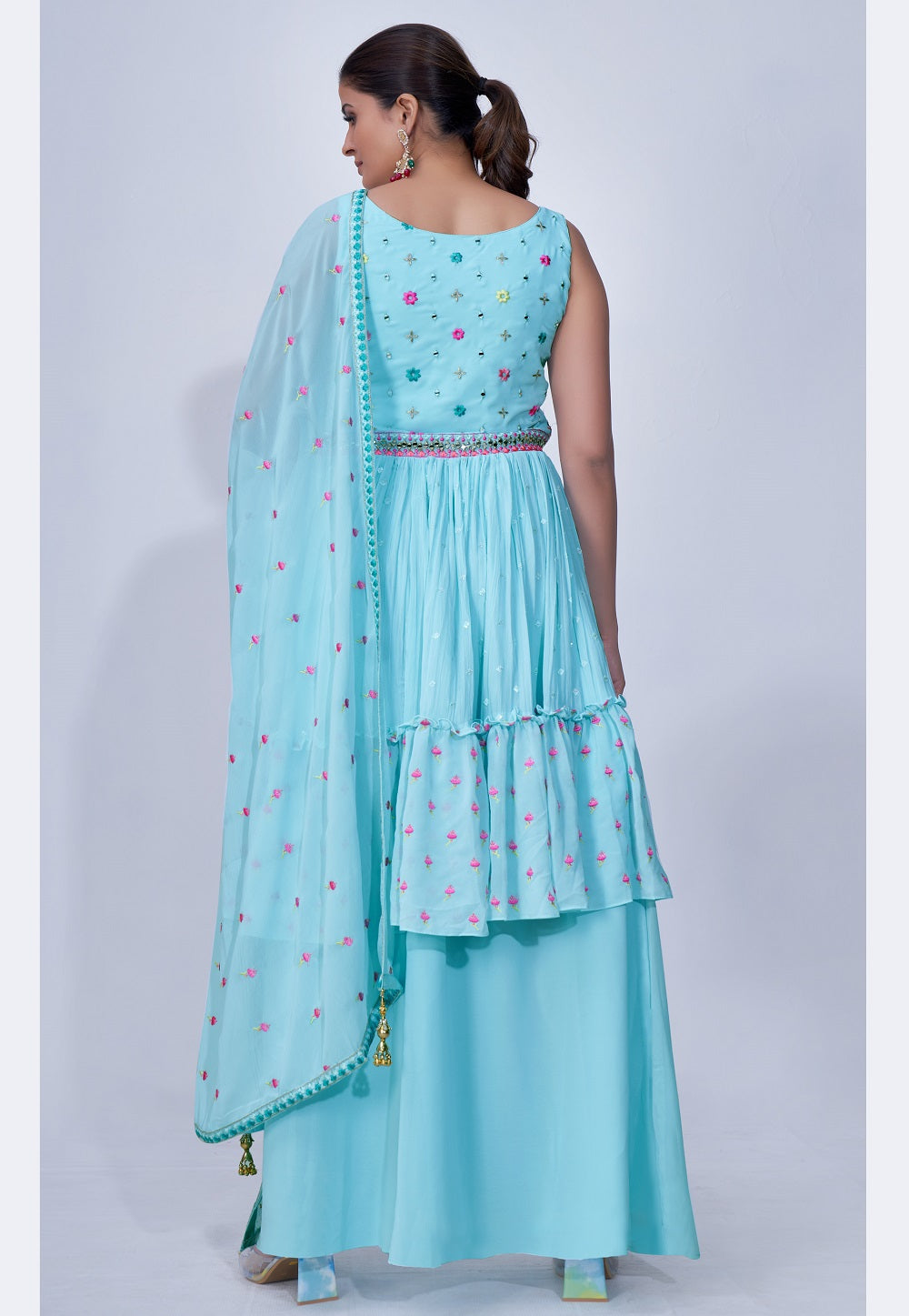 Chinon Chiffon Embroidered Pakistani Suit in Sky Blue