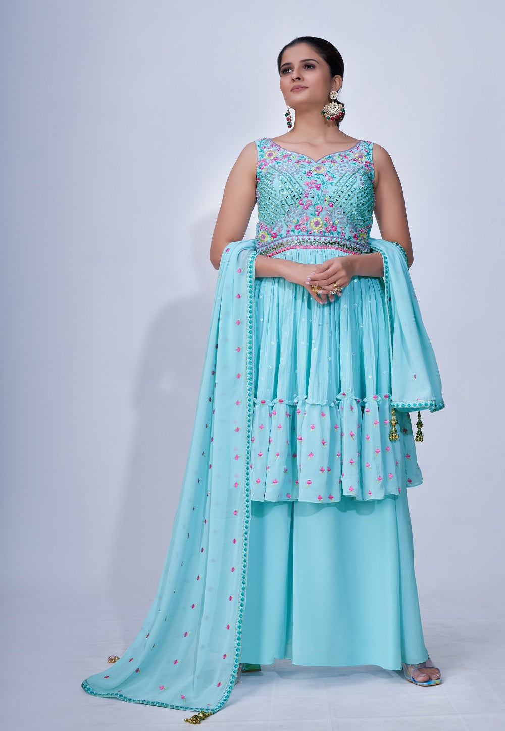 Chinon Chiffon Embroidered Pakistani Suit in Sky Blue