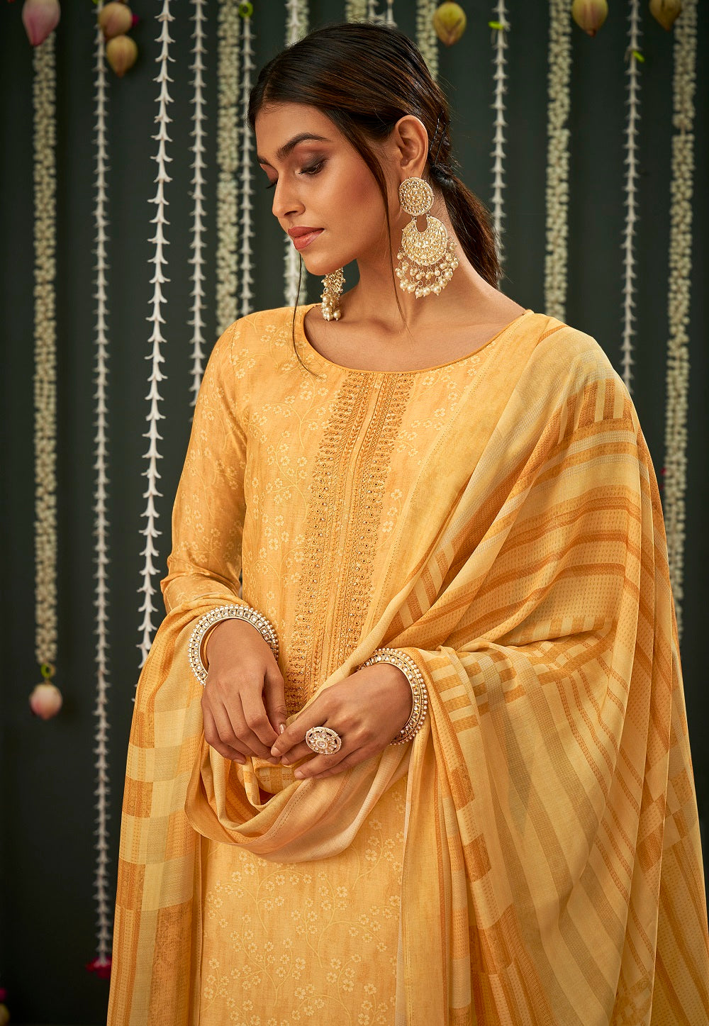 Embroidered Cotton Pakistani Suit in Mustard