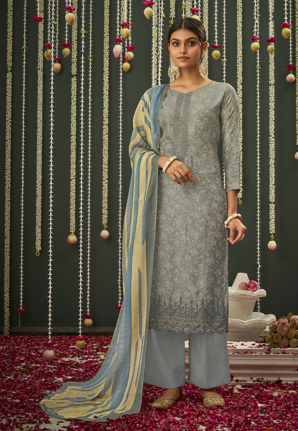 Cotton Embroidered Pakistani Suit in Grey