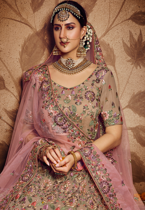 Embroidered Georgette Lehenga in Dusky Brown