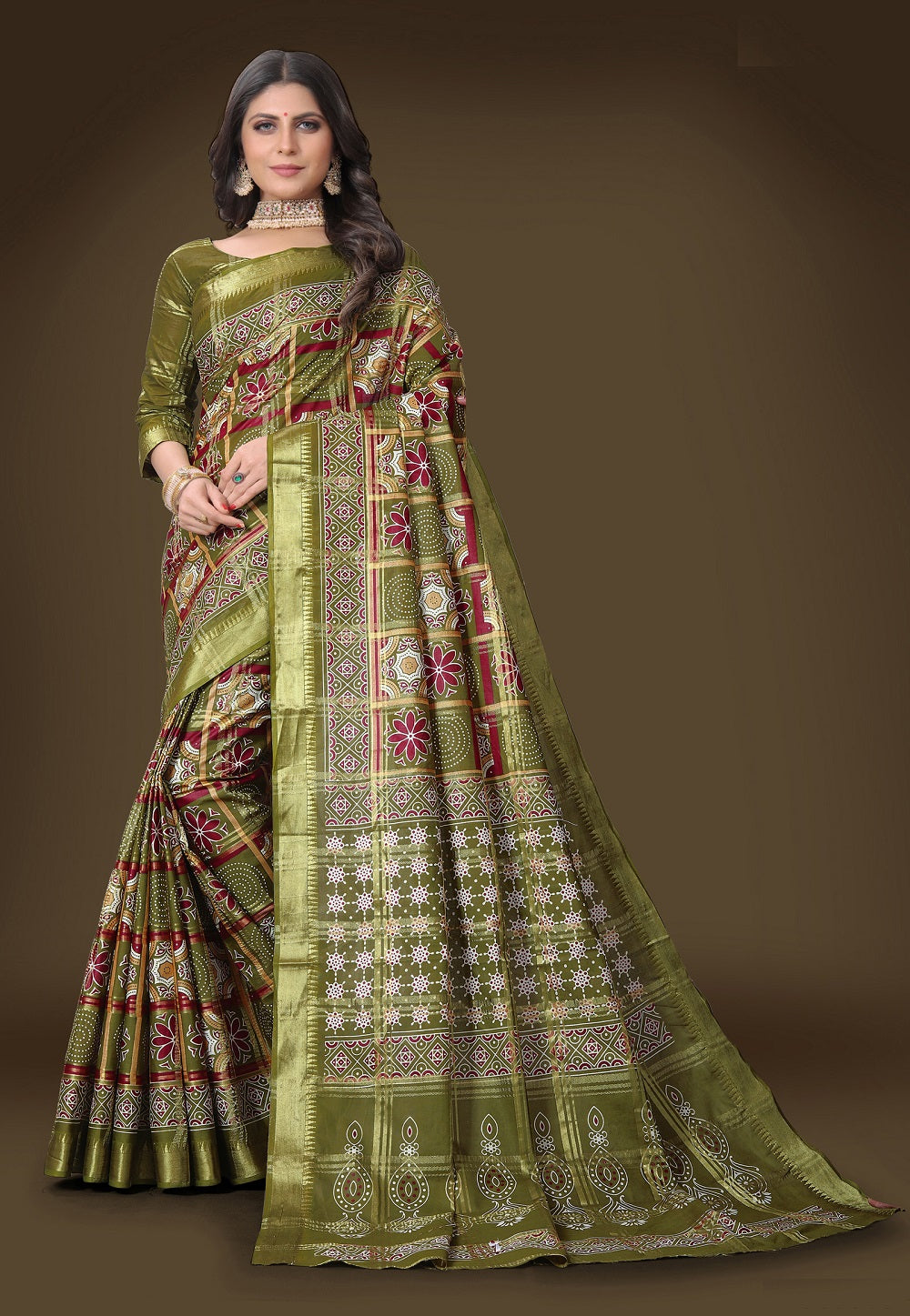 Woven Cotton Saree in Olive Green