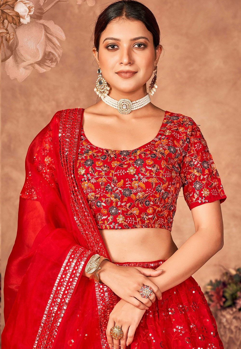 Embroidered Organza Lehenga in Red
