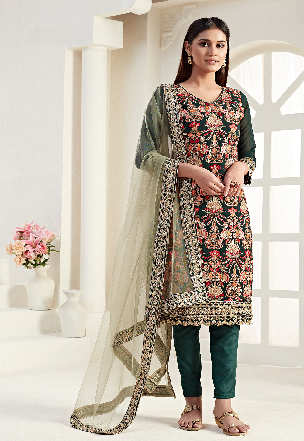 Embroidered Pure Georgette Pakistani Suit in Dark Green
