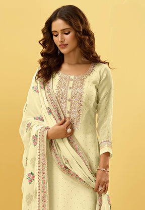 Embroidered Georgette Pakistani Suit in Light Yellow