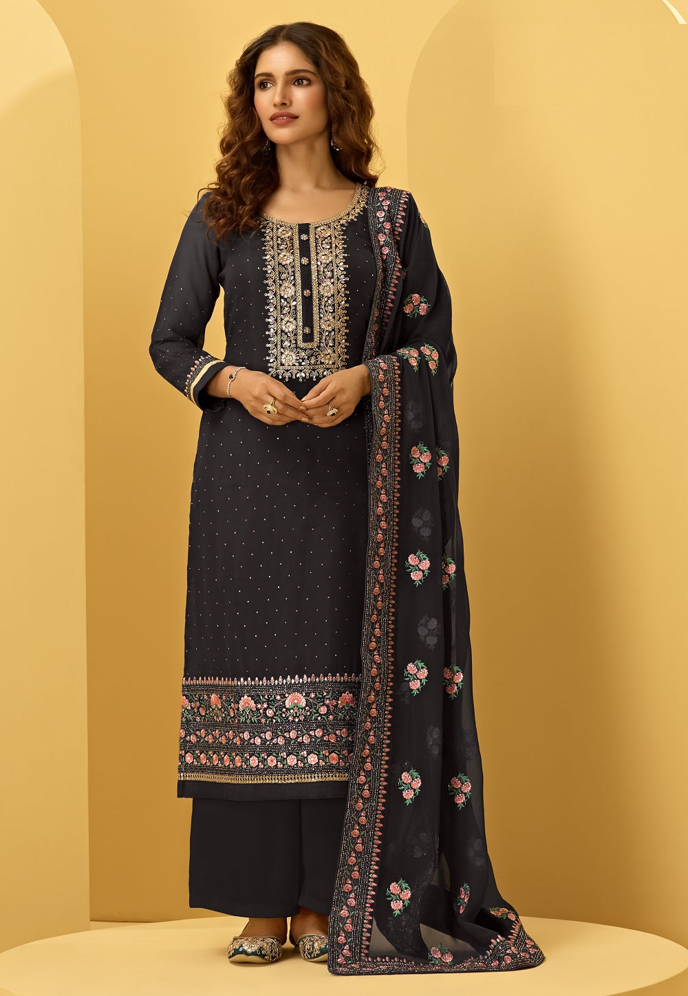 Georgette Embroidered Pakistani Suit in Black