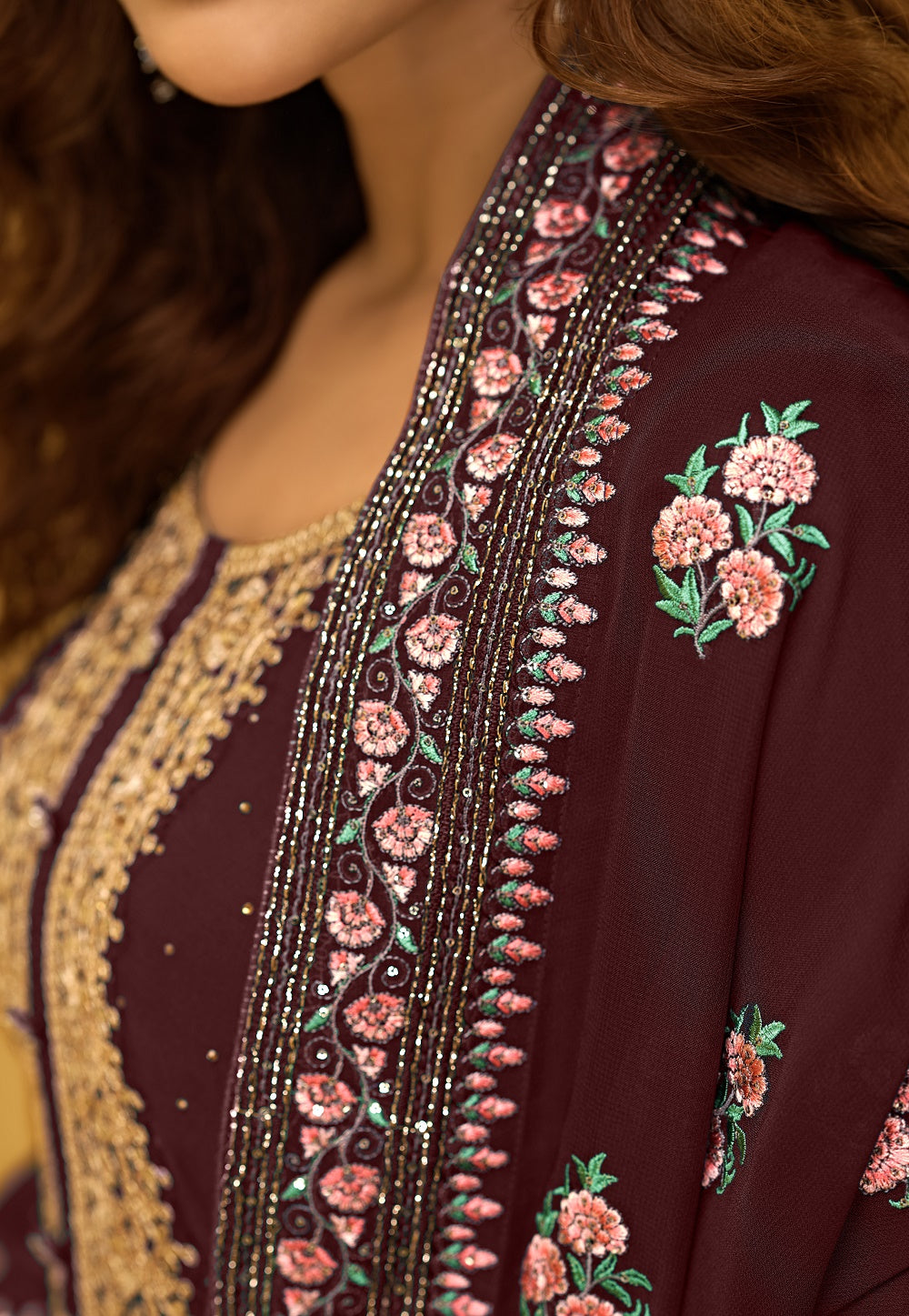 Georgette Embroidered Pakistani Suit in Wine