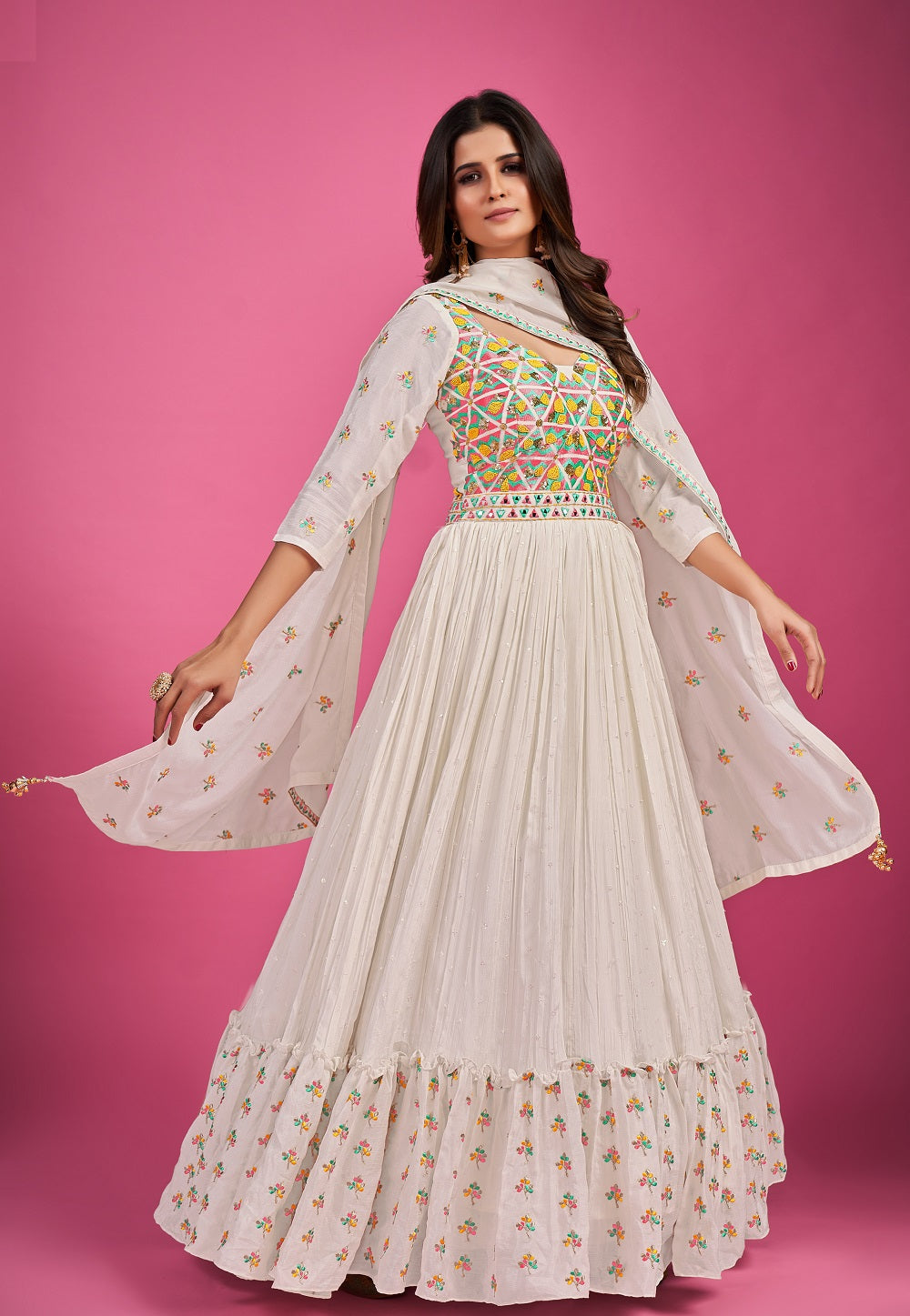 Chinon Chiffon Embroidered Abaya Style Suit in Off White
