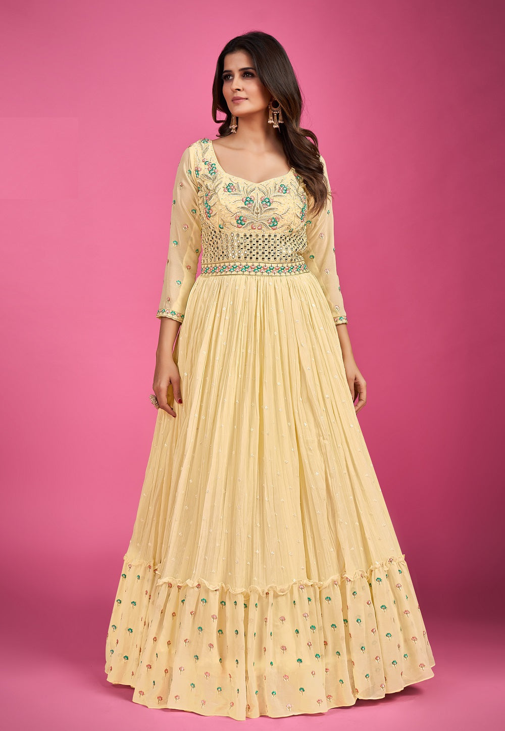 Georgette Embroidered Abaya Style Suit in Yellow
