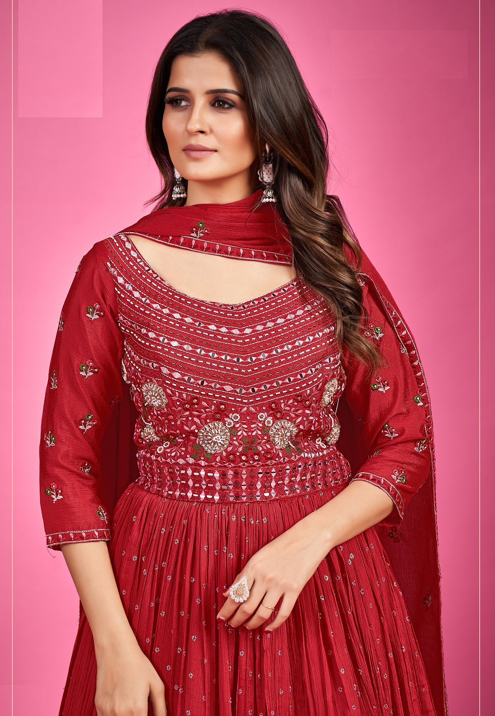 Chinon Chiffon Embroidered Abaya Style Suit in Red