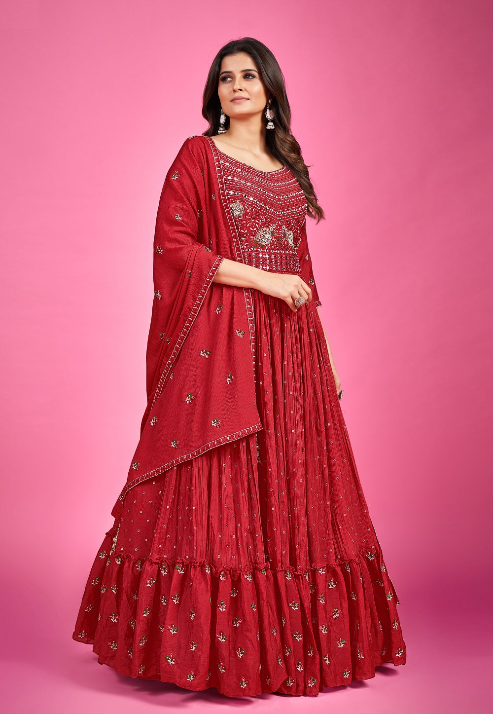 Chinon Chiffon Embroidered Abaya Style Suit in Red