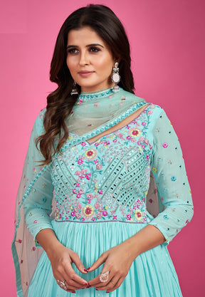 Georgette Embroidered Abaya Style Suit in Sky Blue
