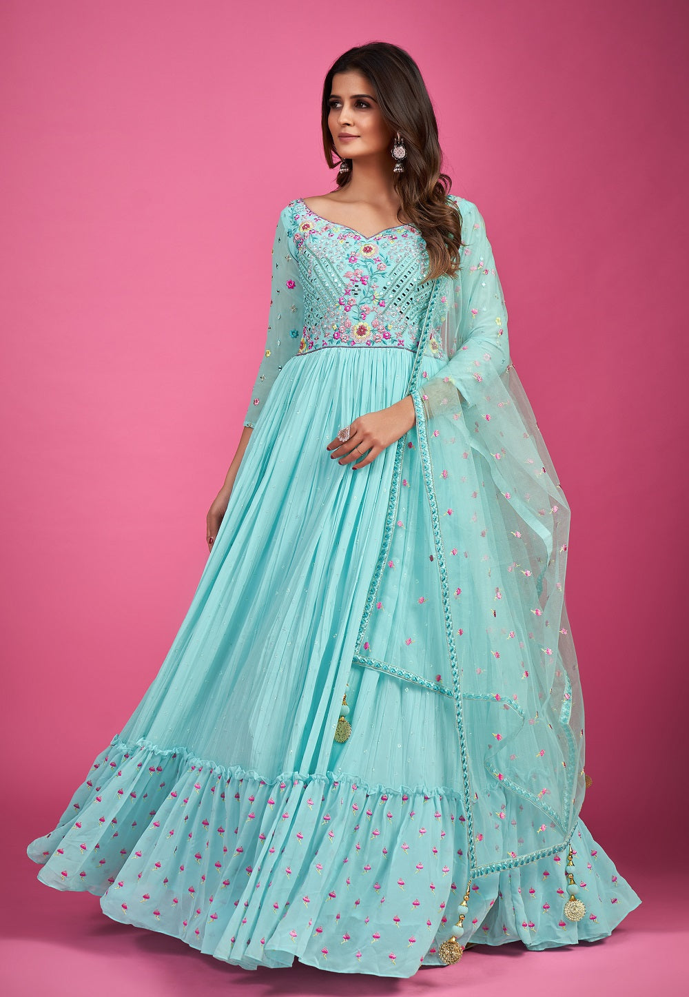 Georgette Embroidered Abaya Style Suit in Sky Blue