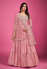 Chinon Chiffon Embroidered Abaya Style Suit in Pink