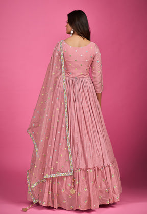 Chinon Chiffon Embroidered Abaya Style Suit in Pink